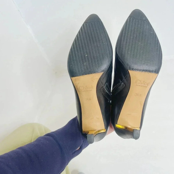 Chloe RARE Black Leather Heeled Booties Gold Detailing Women's Size 36.5 EU 6.5 - Picture 9 of 14